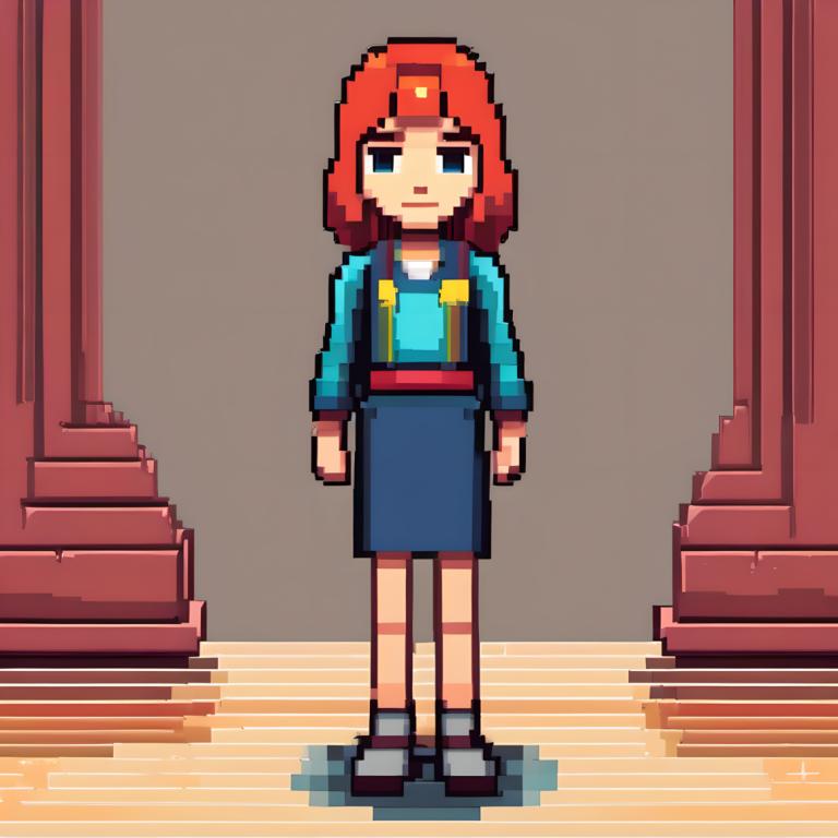 Pixel Art,Pixel Art, People, woman, 1girl, solo, shirt, blue eyes, standing, skirt, looking at viewer