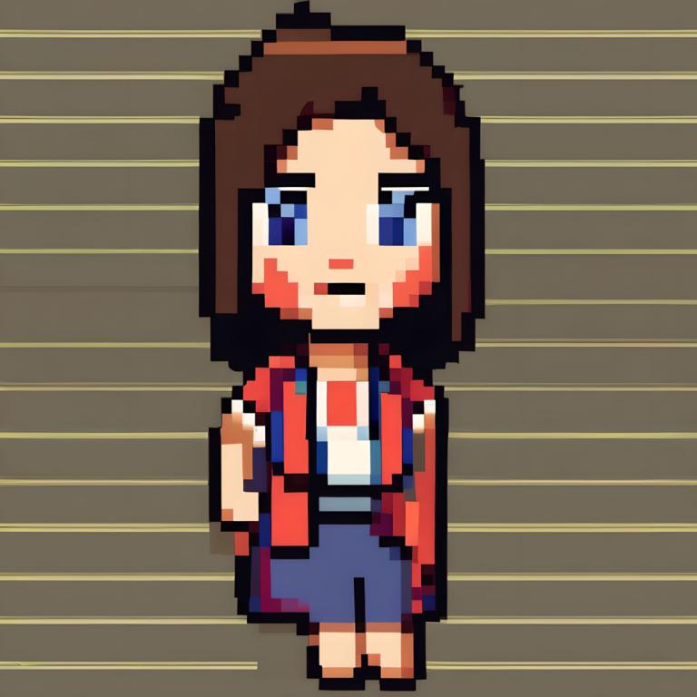 Pixel Art,Pixel Art, People, woman, 1girl, solo, brown hair, blue eyes, shirt, chibi, looking at viewer