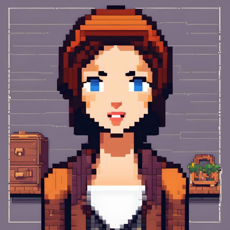 Pixel Art,Pixel Art, People, woman, 1girl, blue eyes, solo, smile, black hair, looking at viewer, upper body