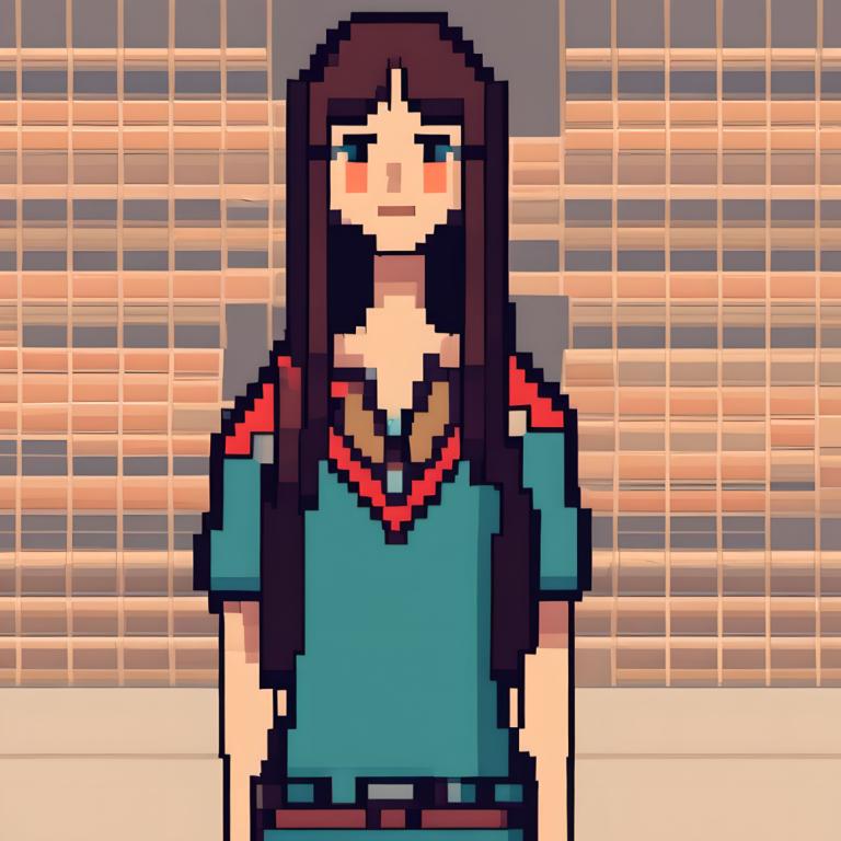 Pixel Art,Pixel Art, People, woman, solo, long hair, shirt, short sleeves, 1girl, belt, brown hair, necklace