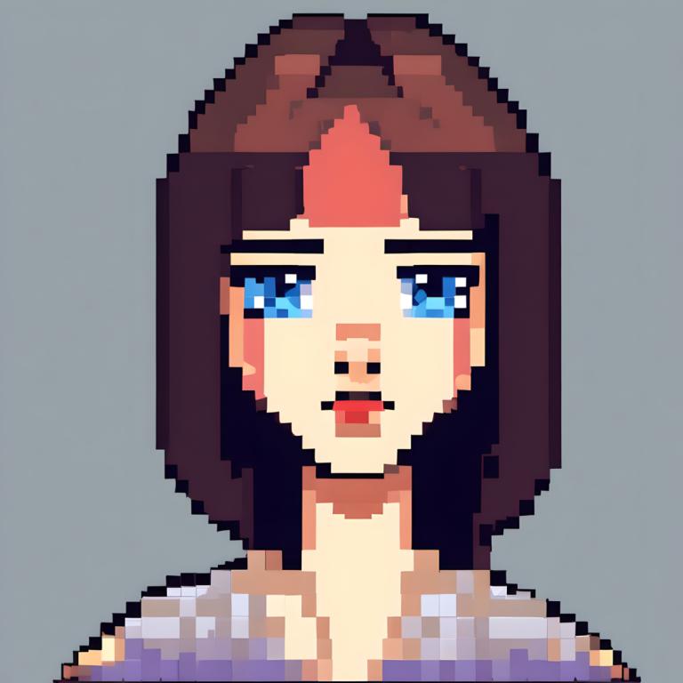 Pixel Kunst,Pixel Kunst, Menschen, Frau, blaue Augen, Solo, braune Haare, offener Mund, grauer Hintergrund