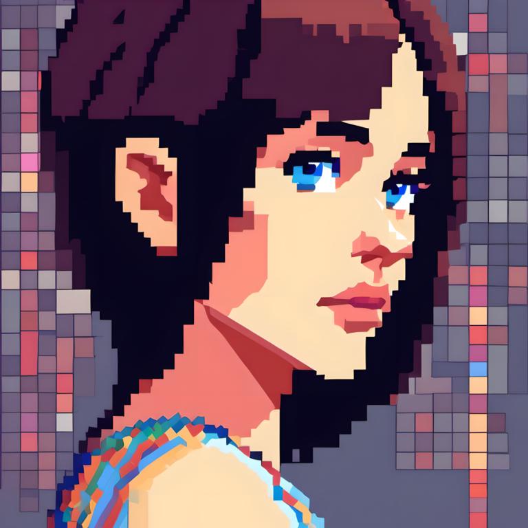 Pixel Art,Pixel Art, People, woman, 1girl, solo, blue eyes, short hair, brown hair, black hair