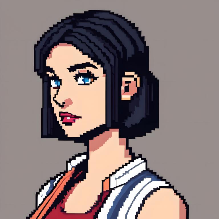 Pixel Art,Pixel Art, People, woman, 1girl, solo, blue eyes, black hair, short hair, grey background