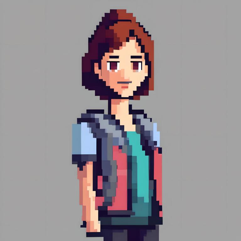 Pixel Art,Pixel Art, People, woman, solo, brown hair, 1boy, male focus, grey background, shirt