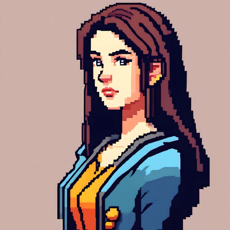 Pixel Art,Pixel Art, People, woman, 1girl, solo, brown hair, long hair, jacket, upper body, simple background