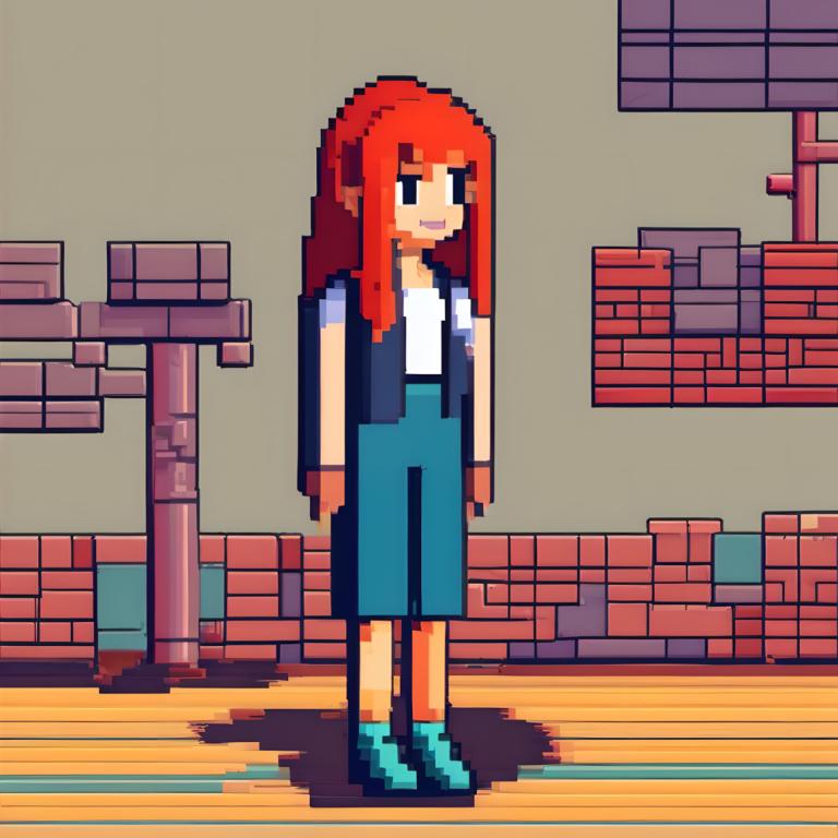 Pixel Art,Pixel Art, People, woman, 1girl, solo, long hair, shirt, white shirt, standing, smile, orange hair