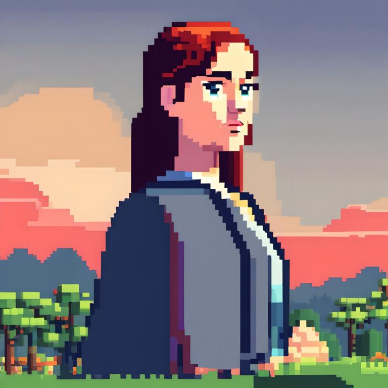 Pixel Art,Pixel Art, People, woman, solo, outdoors, blue eyes, long hair, red hair, cloud, grass, upper body