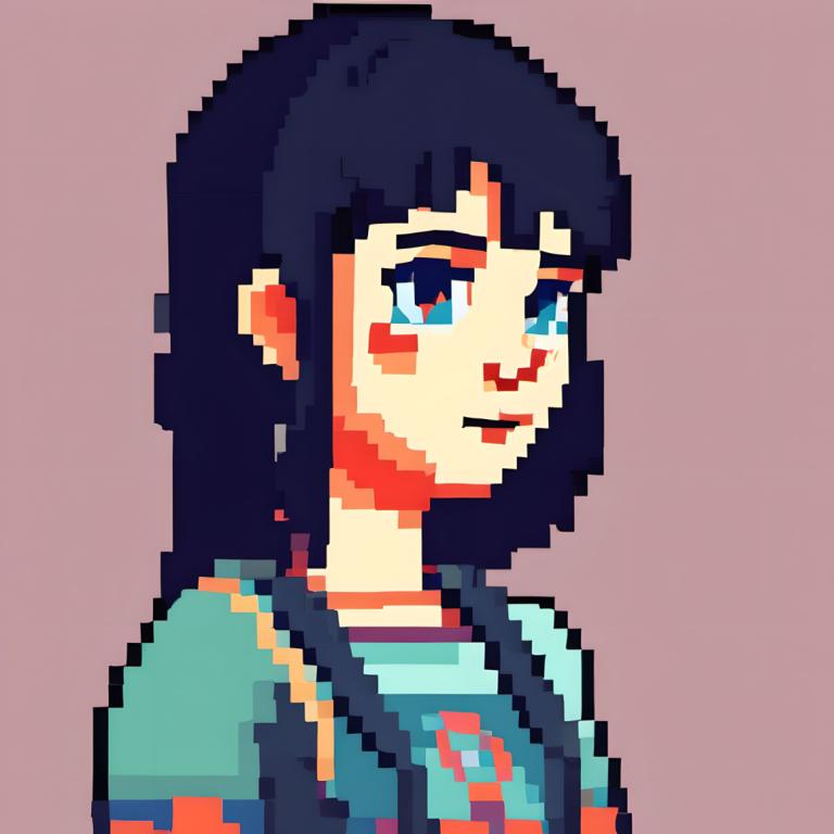 Pixel Art,Pixel Art, People, woman, 1girl, solo, blue eyes, simple background, shirt, long hair, black hair