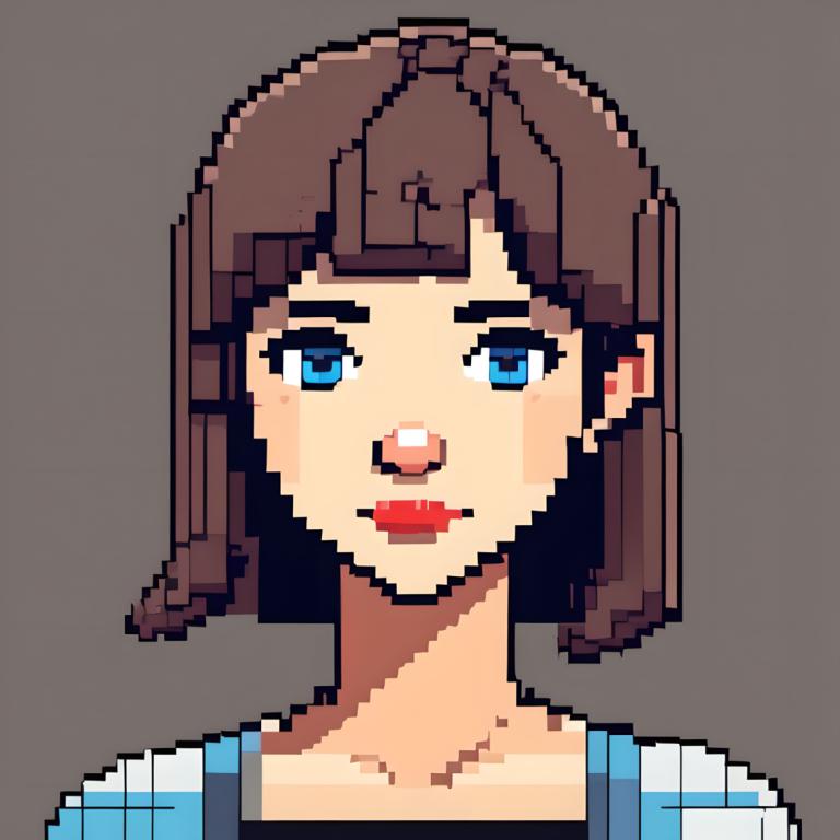 Pixel Art,Pixel Art, People, woman, solo, blue eyes, 1girl, brown hair, simple background, portrait