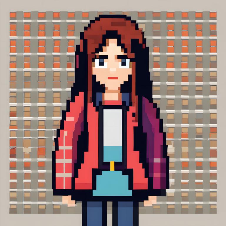 Pixel Art,Pixel Art, People, woman, solo, brown hair, 1girl, jacket, red jacket, long hair, shirt, belt