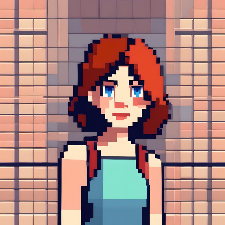 Pixel Art,Pixel Art, People, woman, 1girl, solo, blue eyes, short hair, backpack, open mouth, upper body, bag