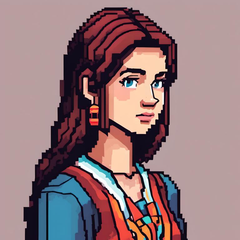 Pixel Art,Pixel Art, People, woman, 1girl, solo, jewelry, earrings, blue eyes, brown hair, long hair