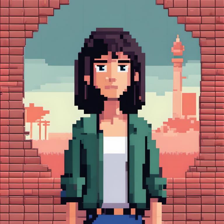 Pixel Art,Pixel Art, People, woman, 1girl, solo, green jacket, black hair, shirt, jacket, white shirt