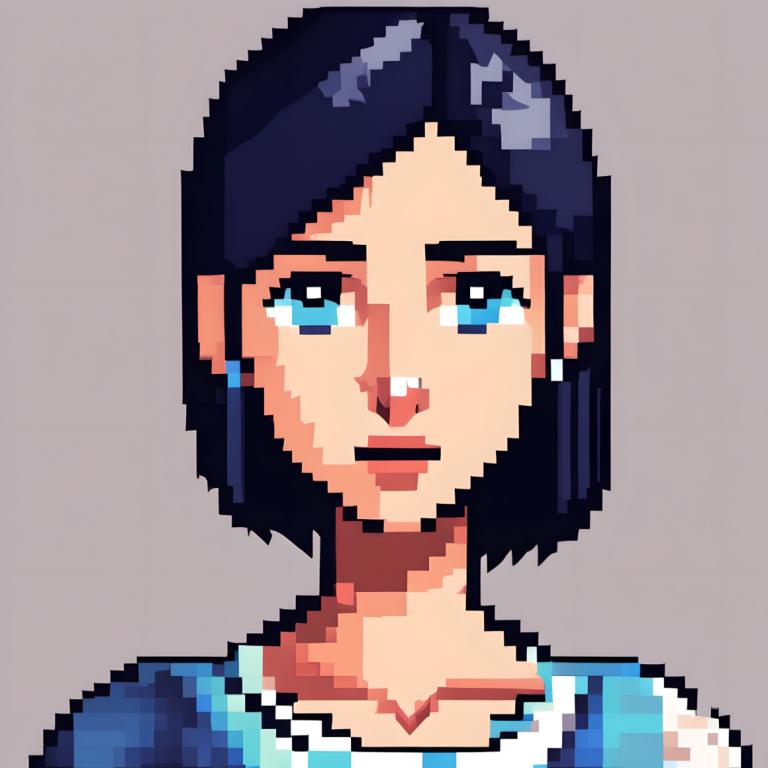 Arte de pixel,Arte de pixel, Gente, mujer, solo, ojos azules, pendientes, 1 chica, joyas, retrato, fondo gris