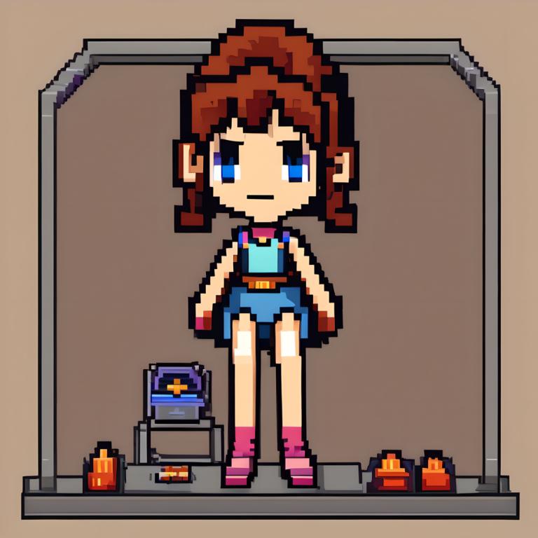 Pixel Art,Pixel Art, People, woman, 1girl, brown hair, blue eyes, solo, pink footwear, looking at viewer