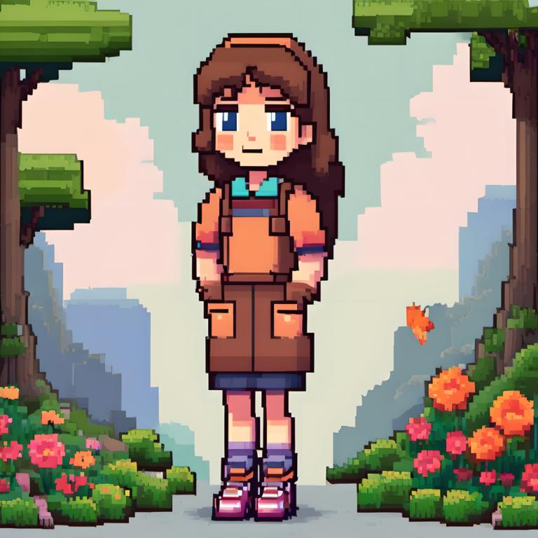 Pixel Art,Pixel Art, People, girl, 1girl, solo, brown hair, tree, blue eyes, flower, outdoors, long hair