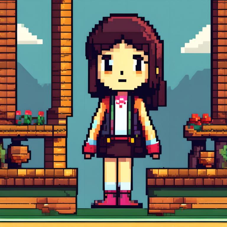 Pixel Art,Pixel Art, People, girl, 1girl, solo, brown hair, outdoors, standing, flower, day