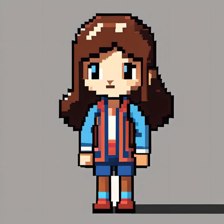 Arte de pixel,Arte de pixel, Gente, chica, solo, Pelo castaño, fondo gris, 1 chica, pelo largo, camisa