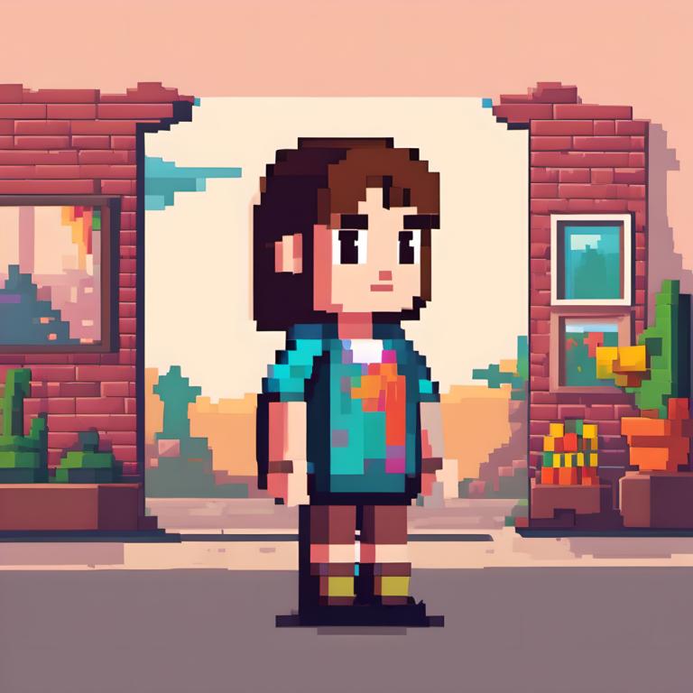 Pixel Art,Pixel Art, People, girl, brown hair, solo, shirt, 1girl, outdoors, black eyes, plant, standing