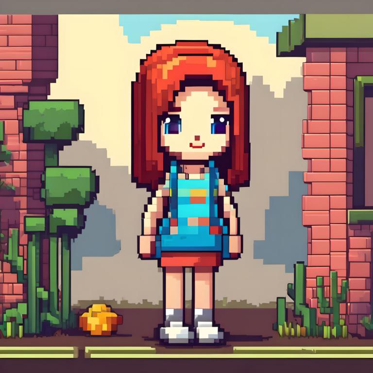 Pixel Art,Pixel Art, People, girl, 1girl, blue eyes, solo, shirt, outdoors, standing, smile, skirt, long hair