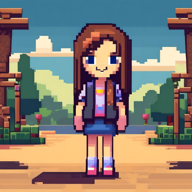 Pixel Art,Pixel Art, People, girl, 1girl, solo, brown hair, skirt, outdoors, long hair, blue eyes, shirt, day