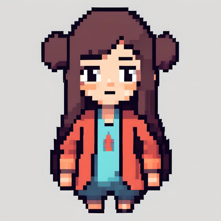 Pixel Art,Pixel Art, People, girl, 1girl, solo, brown hair, shirt, long hair, simple background, shorts