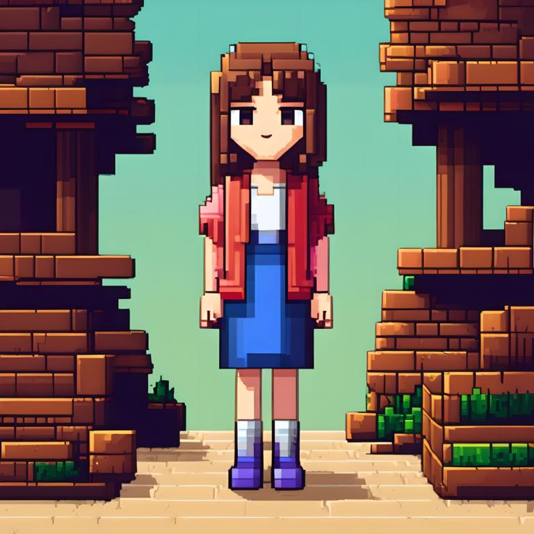 Pixel Art,Pixel Art, People, girl, 1girl, solo, brown hair, smile, skirt, shirt, looking at viewer