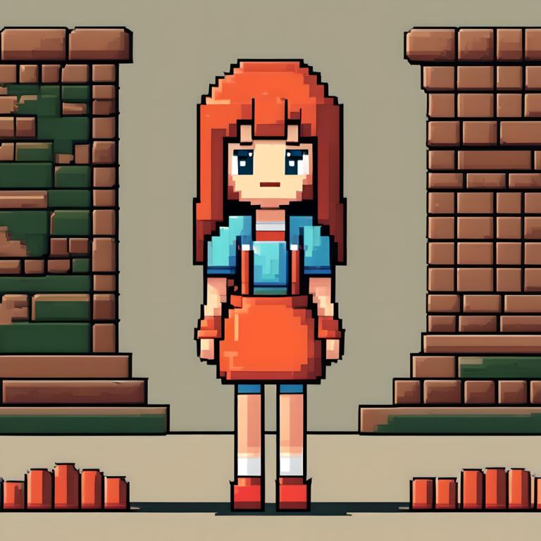 Pixel Art,Pixel Art, People, girl, 1girl, solo, shirt, red footwear, short sleeves, long hair, standing