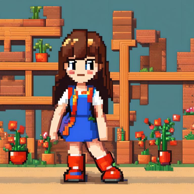 Pixel Art,Pixel Art, People, girl, 1girl, solo, brown hair, red footwear, flower, long hair, blue eyes, shirt