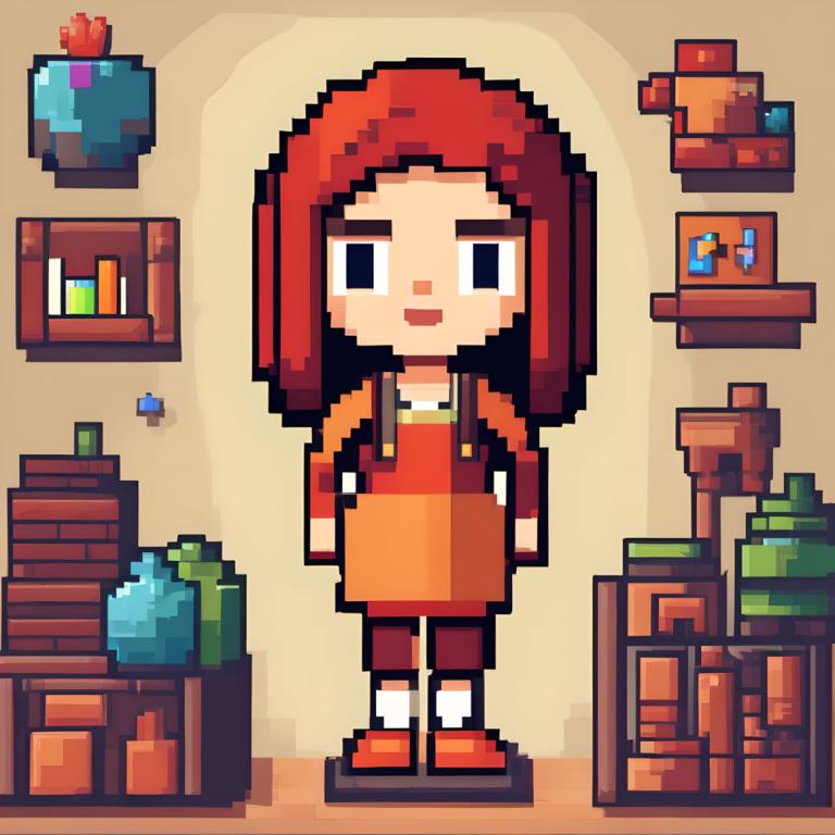 Pixel Art,Pixel Art, People, girl, solo, black eyes, shirt, standing, looking at viewer, smile, open mouth