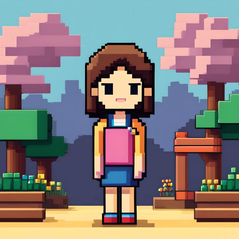 Pixel Art,Pixel Art, People, girl, 1girl, brown hair, solo, outdoors, smile, standing, shirt, open mouth