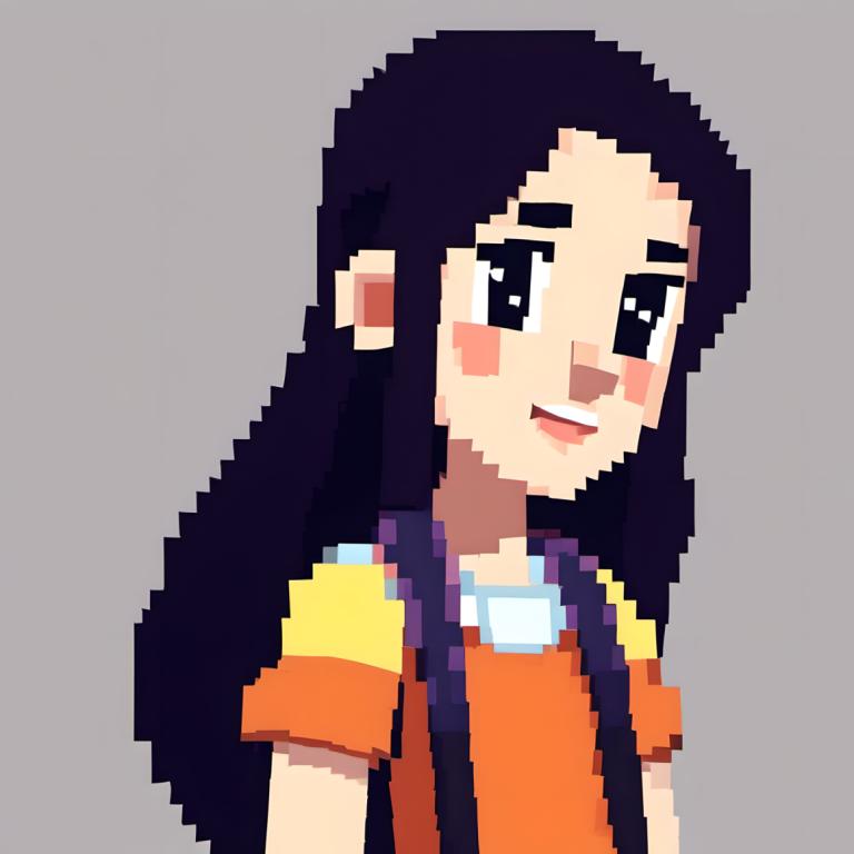 Pixel Art,Pixel Art, People, girl, 1girl, solo, long hair, shirt, grey background, simple background, smile