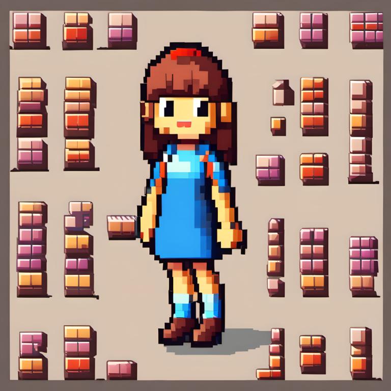 Pixel Art,Pixel Art, People, girl, 1girl, solo, brown hair, brown footwear, smile, black eyes, dress, bangs