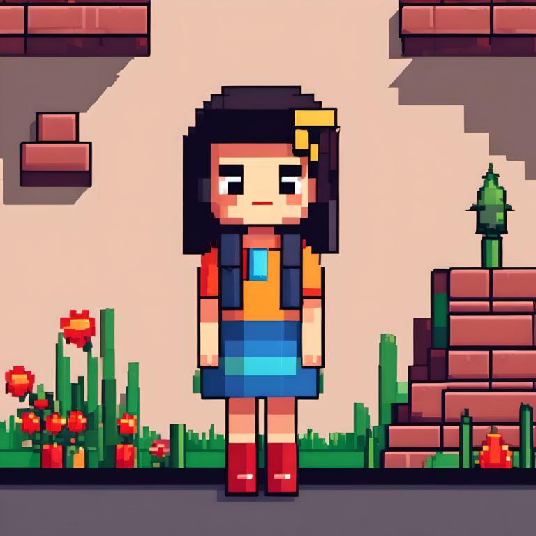 Pixel Art,Pixel Art, People, girl, 1girl, solo, flower, shirt, black hair, standing, hair ornament, sad