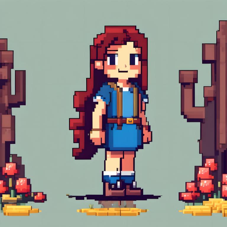 Pixel Art,Pixel Art, People, girl, 1girl, solo, brown footwear, long hair, brown hair, dress, flower, belt