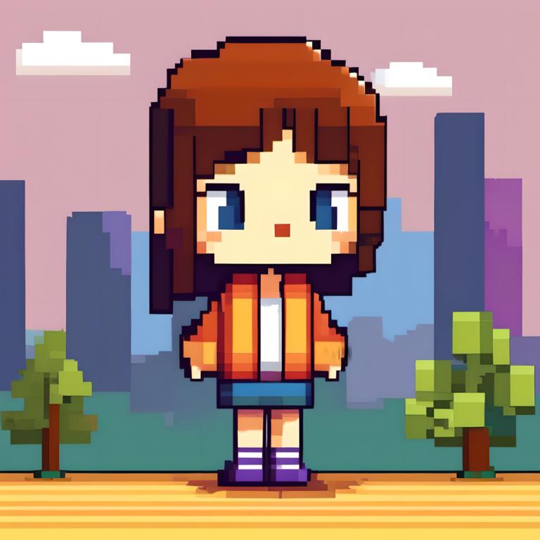 Pixel Art,Pixel Art, People, girl, 1girl, brown hair, solo, blue eyes, chibi, skirt, tree, standing, outdoors