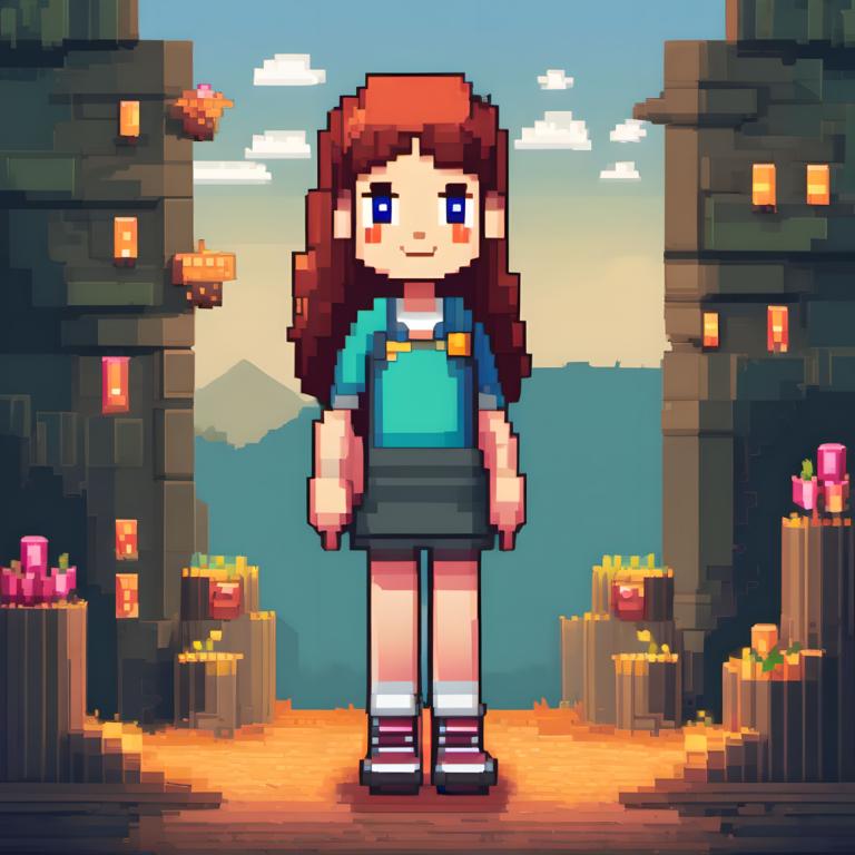 Pixel Art,Pixel Art, People, girl, 1girl, brown hair, solo, shirt, blue eyes, long hair, smile, shoes