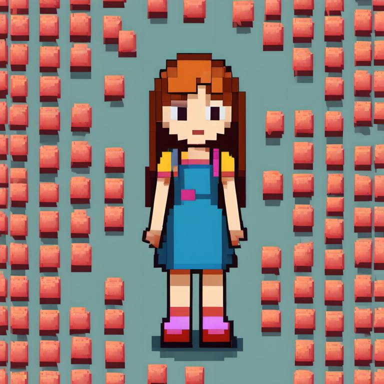 Pixel Art,Pixel Art, People, girl, 1girl, solo, brown hair, shirt, long hair, black eyes, short sleeves