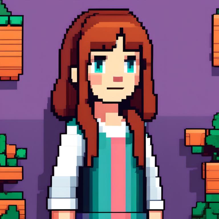 Pixel Art,Pixel Art, People, girl, 1girl, solo, brown hair, long hair, shirt, upper body, plant, aqua eyes