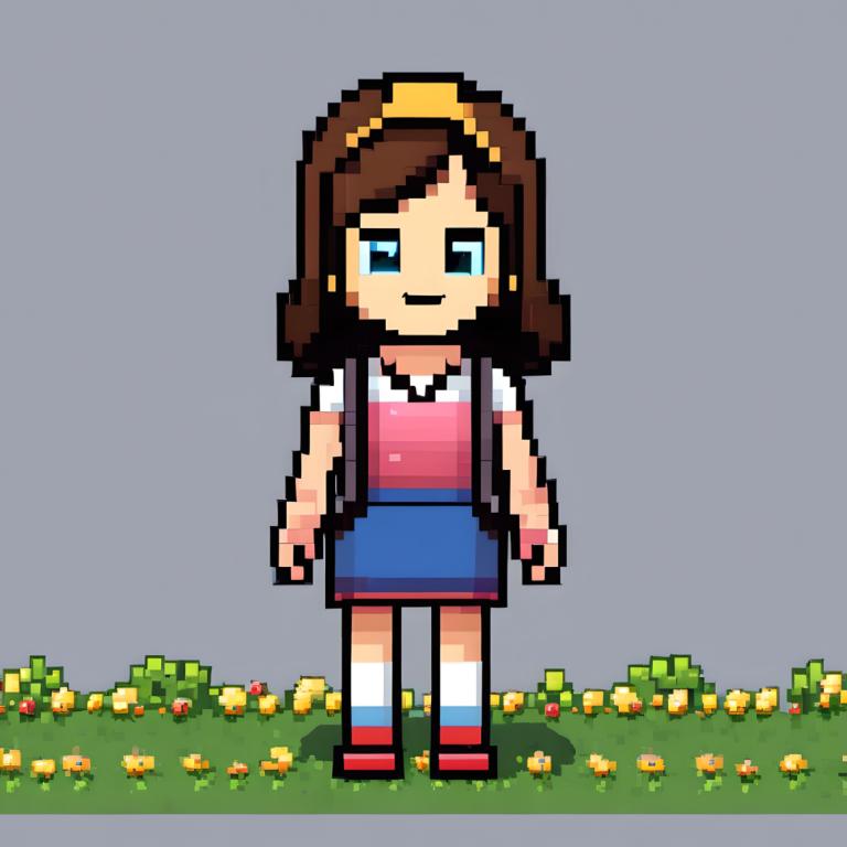 Pixel Art,Pixel Art, People, girl, 1girl, solo, brown hair, grey background, shirt, yellow flower, smile