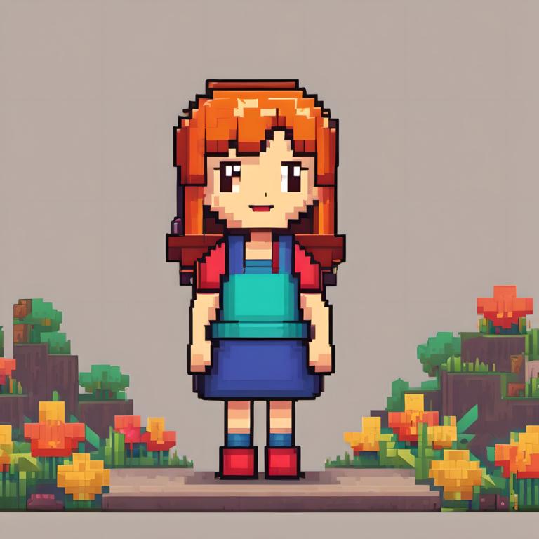 Arte de pixel,Arte de pixel, Gente, chica, 1 chica, solo, camisa, fondo gris, falda, calzado rojo, flor