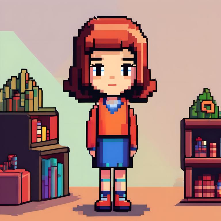 Pixel Art,Pixel Art, People, girl, 1girl, solo, bookshelf, brown hair, book, red footwear, shirt