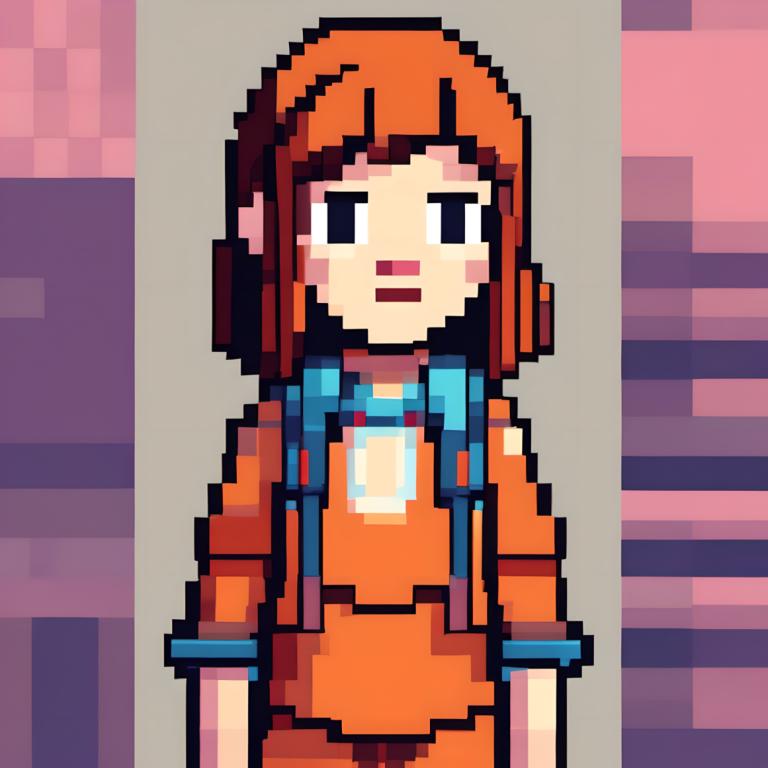 Pixel Art,Pixel Art, People, girl, 1girl, solo, open mouth, black eyes, orange hair, smile, arms at sides