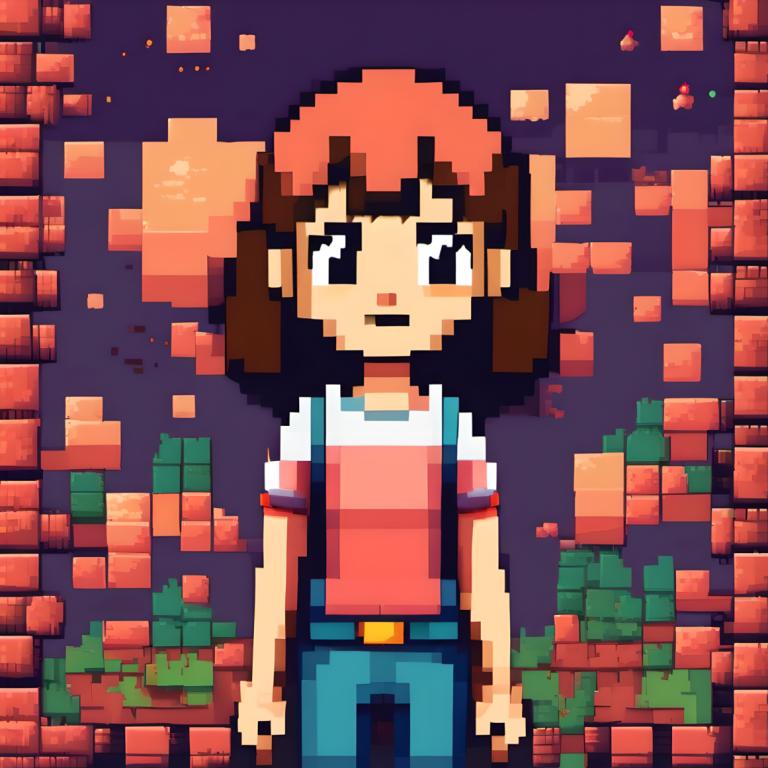 Pixel Art,Pixel Art, People, girl, 1girl, solo, brown hair, shirt, brick wall, short sleeves, black eyes