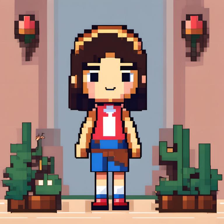 Pixel Art,Pixel Art, People, girl, shorts, shirt, smile, brown hair, plant, solo, bug, standing, 1girl