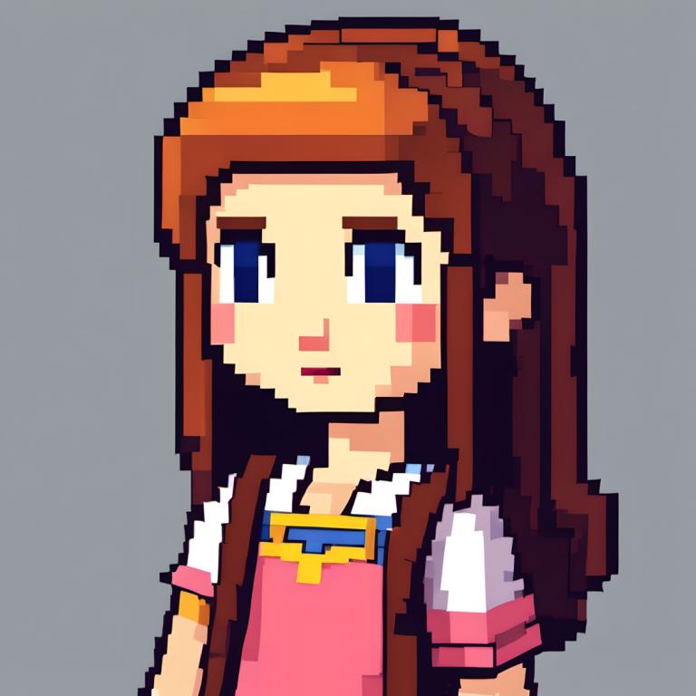 Pixel Art,Pixel Art, People, girl, 1girl, solo, brown hair, long hair, blue eyes, grey background