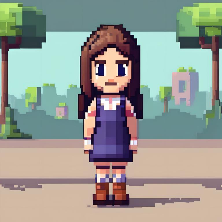 Pixel Art,Pixel Art, People, girl, 1girl, solo, brown hair, brown footwear, long hair, blue eyes, outdoors