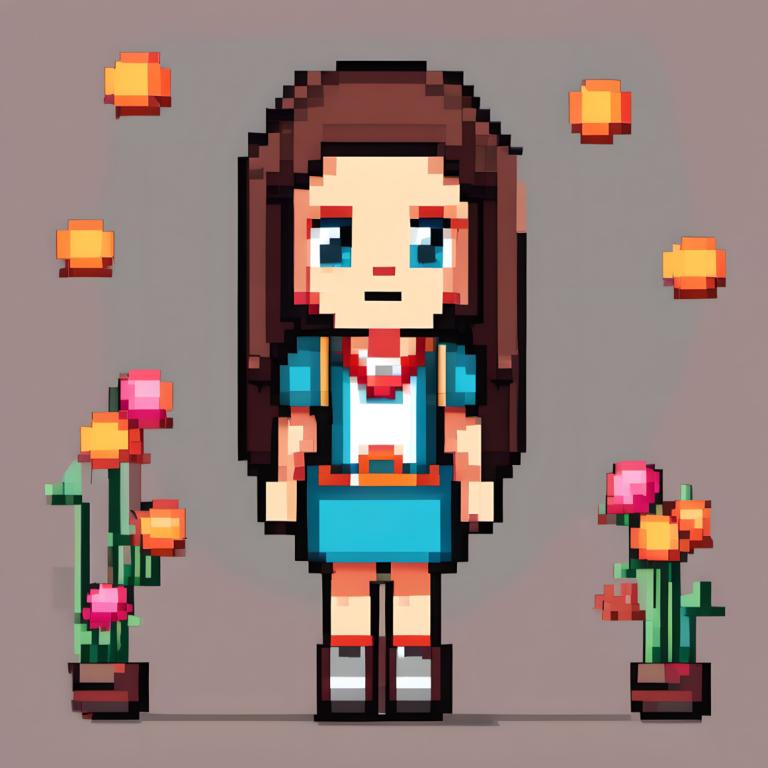 Pixel Art,Pixel Art, People, girl, 1girl, solo, brown hair, flower, blue eyes, long hair, grey background