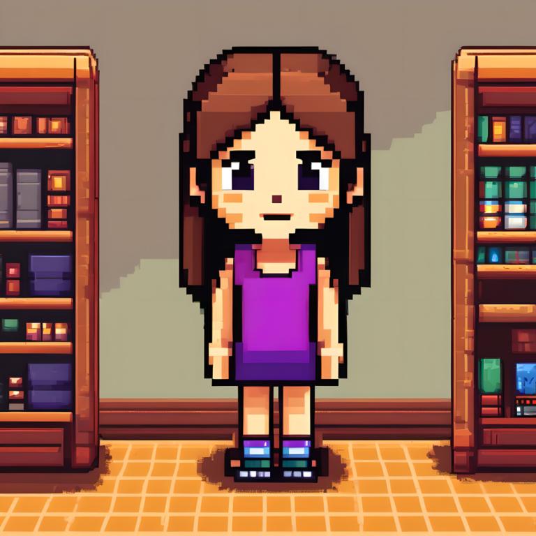 Pixel Art,Pixel Art, People, girl, 1girl, brown hair, solo, bookshelf, long hair, book, standing