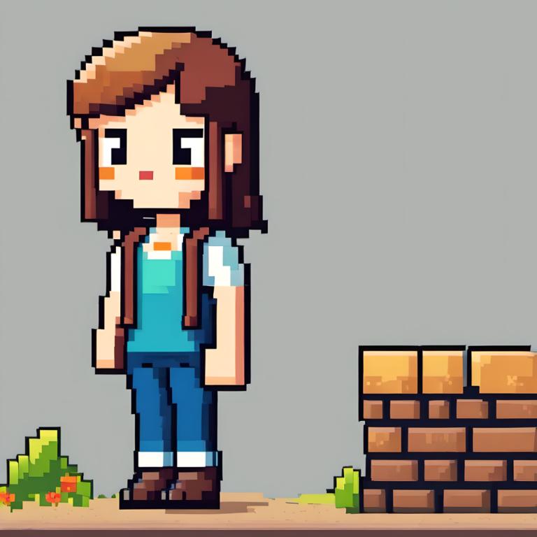 Pixel Art,Pixel Art, People, girl, brown hair, solo, grey background, brown footwear, shirt, pants, backpack